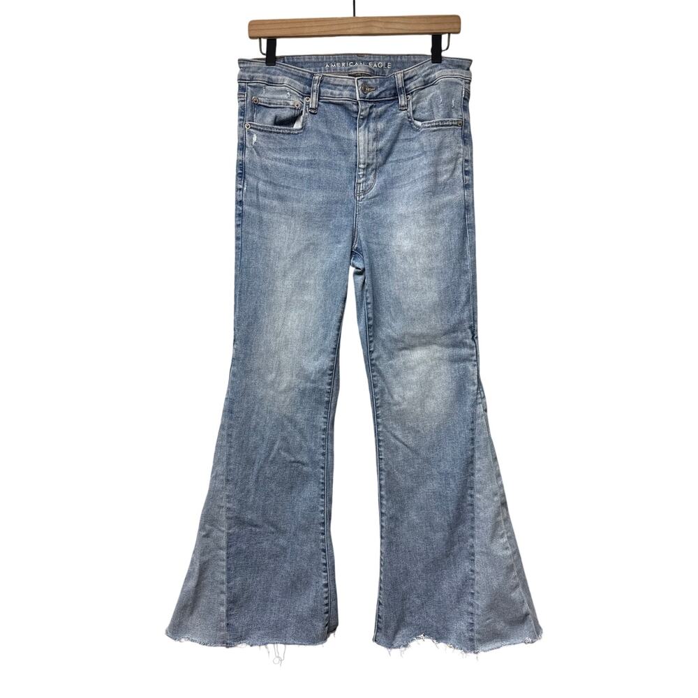 American Eagle Festival Flare Jeans Size 12 Light Wash Raw Hem Hippie Boho